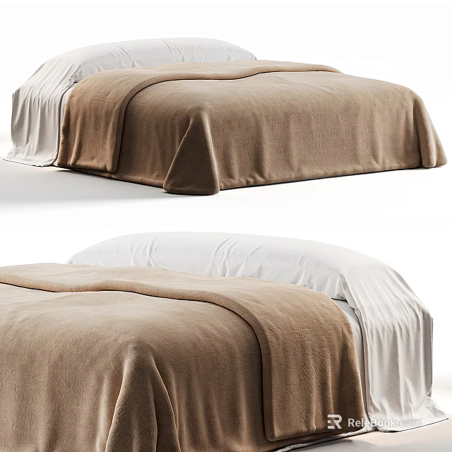 Neatly Made Double Bed with Brown Blanket White Sheets and Soft Pillows 3d model 