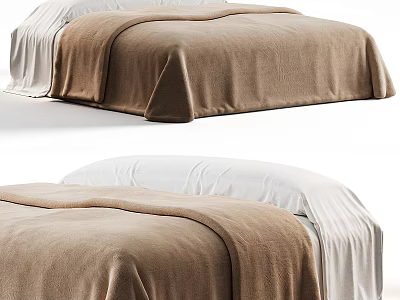 Neatly Made Double Bed with Brown Blanket White Sheets and Soft Pillows 3d model