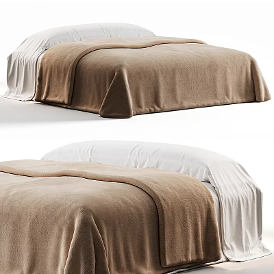 Neatly Made Double Bed with Brown Blanket White Sheets and Soft Pillows 3d model