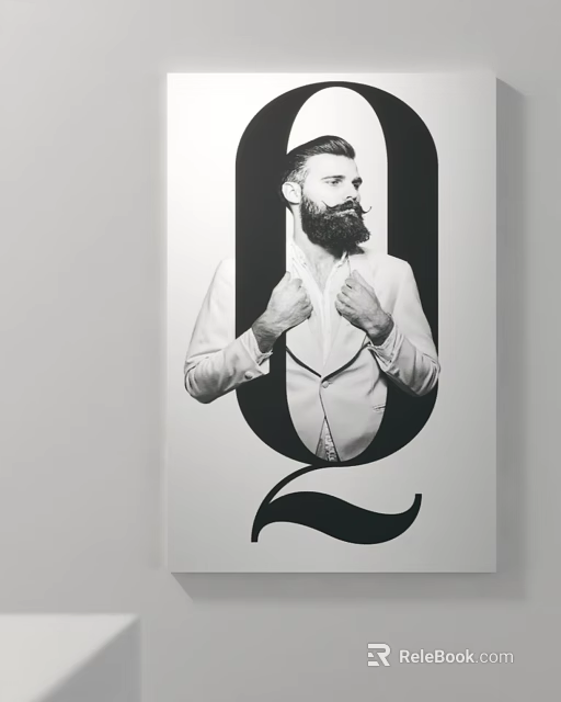 Black and White Portrait of Bearded Man in Light Suit Adjusting Collar with Letter Q Design 3d model 