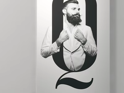 Black and White Portrait of Bearded Man in Light Suit Adjusting Collar with Letter Q Design 3d model