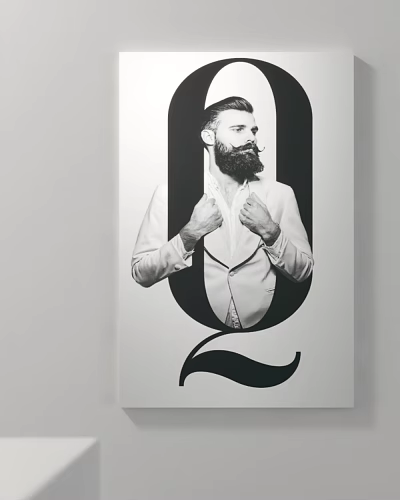 Black and White Portrait of Bearded Man in Light Suit Adjusting Collar with Letter Q Design 3d model