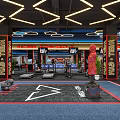Modern Fitness Gym Interior With Treadmills Fitness Equipment Red Boxing Statue And Large Screens