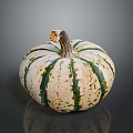 Fresh Ripe Small Round Pumpkin With Green And White Stripes On Dark Background