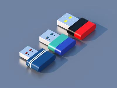 Three Different Colored Portable USB Flash Drives As Useful Daily Storage Devices 3d model