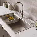 Modern Double Bowl Kitchen Sink with Drainer Basket Fruits and Faucet on Marble Countertop