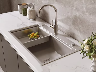 Modern Double Bowl Kitchen Sink with Drainer Basket Fruits and Faucet on Marble Countertop 3d model