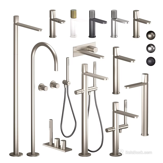 Various Modern Faucets In Stainless Steel With Different Handle And Spout Designs 3d model 