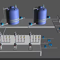 Industrial Equipment Featuring Blue Tanks with Yellow Stripes Piping System Valves and Control Panel