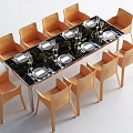 Modern Dining Table Set With Light Brown Chairs Black Marble Top And Dinnerware 3d model