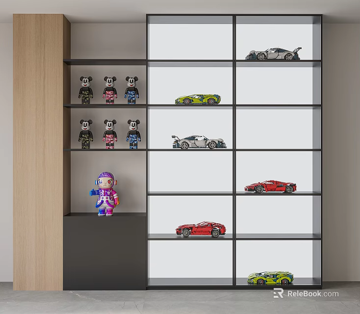 Colorful Dolls Arranged On Display Shelf With Various Car Models 3d model 