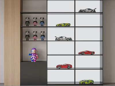 Colorful Dolls Arranged On Display Shelf With Various Car Models 3d model