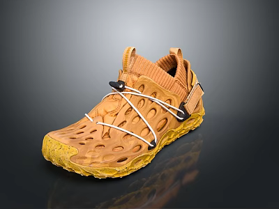 Brown And Yellow Casual Shoes With Hollow Out Design White Laces And Yellow Sole 3d model