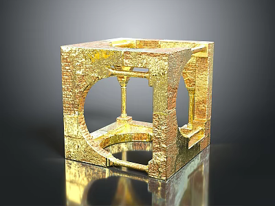 Cartoon Style Golden Cube With Hollow Design And Textured Surface Reflection 3d model