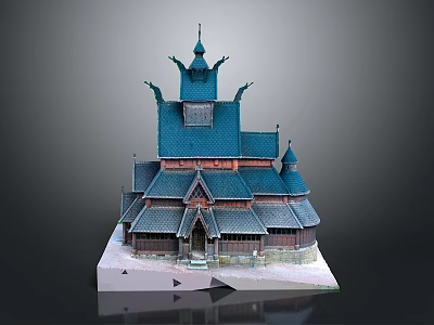 Traditional Wooden Building With Blue Roof Spires And Carved Details On Pedestal Base 3d model