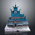 Traditional Wooden Building With Blue Roof Spires And Carved Details On Pedestal Base