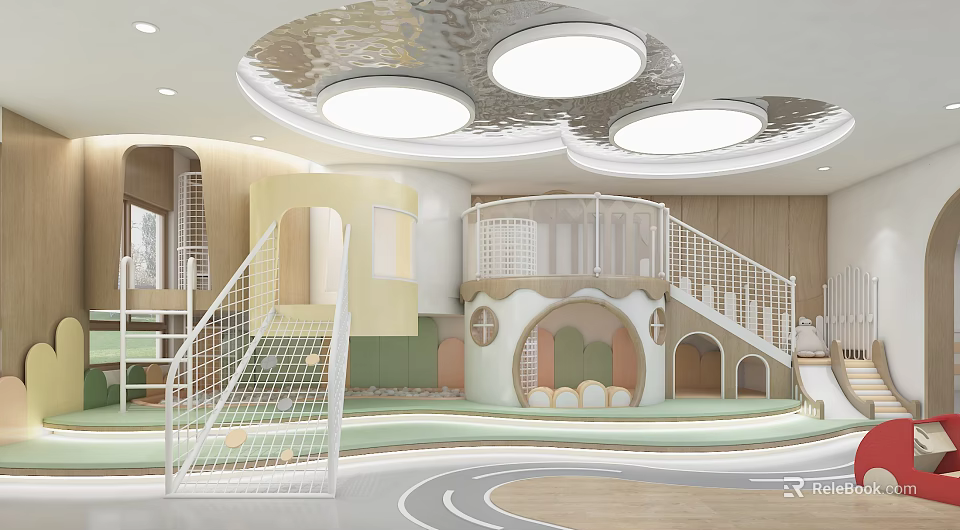 Modern Kindergarten Interior With Children's Activity Area Staircase Round Ceiling Lights Track And Wooden Elements 3d model 