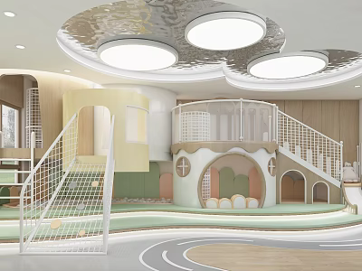 Modern Kindergarten Interior With Children's Activity Area Staircase Round Ceiling Lights Track And Wooden Elements 3d model