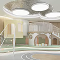 Modern Kindergarten Interior With Children's Activity Area Staircase Round Ceiling Lights Track And Wooden Elements