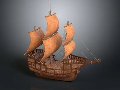 Wooden Sailing Ship Model With Brown Sails And Ornate Watercraft Details 3d model