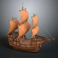 Wooden Sailing Ship Model With Brown Sails And Ornate Watercraft Details