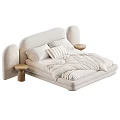 Modern Upholstered Double Bed With Curved Headboard White Bedding Wooden Side Tables And Hanging Lights
