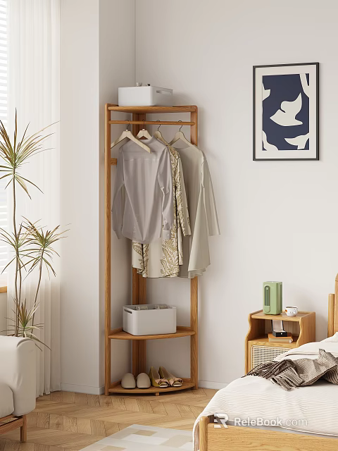 Bedroom Wooden Coat Rack With Hanging Clothes Storage Box Green Bottle Plant And Wall Artwork 3d model 