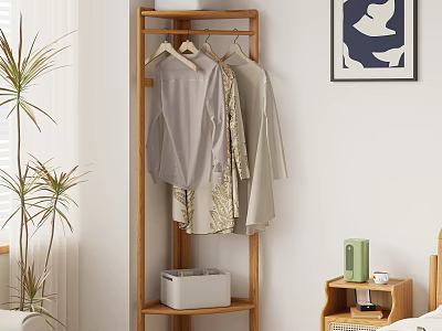 Bedroom Wooden Coat Rack With Hanging Clothes Storage Box Green Bottle Plant And Wall Artwork 3d model