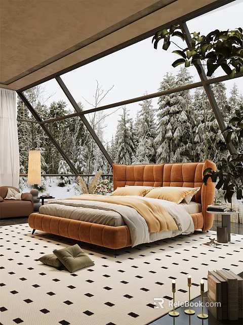 Cozy Bedroom Interior With Orange Tufted Headboard Bed Large Windows And Snowy Trees View 3d model 