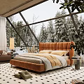 Cozy Bedroom Interior With Orange Tufted Headboard Bed Large Windows And Snowy Trees View