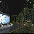 Indoor Natural Exhibition Space Featuring Curved Blue Light Trees Deer Water And Bird Models