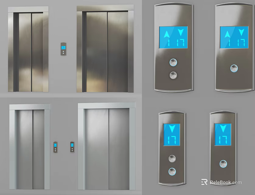 Modern Silver Metal Elevator Doors With Digital Display Control Panels And Buttons 3d model