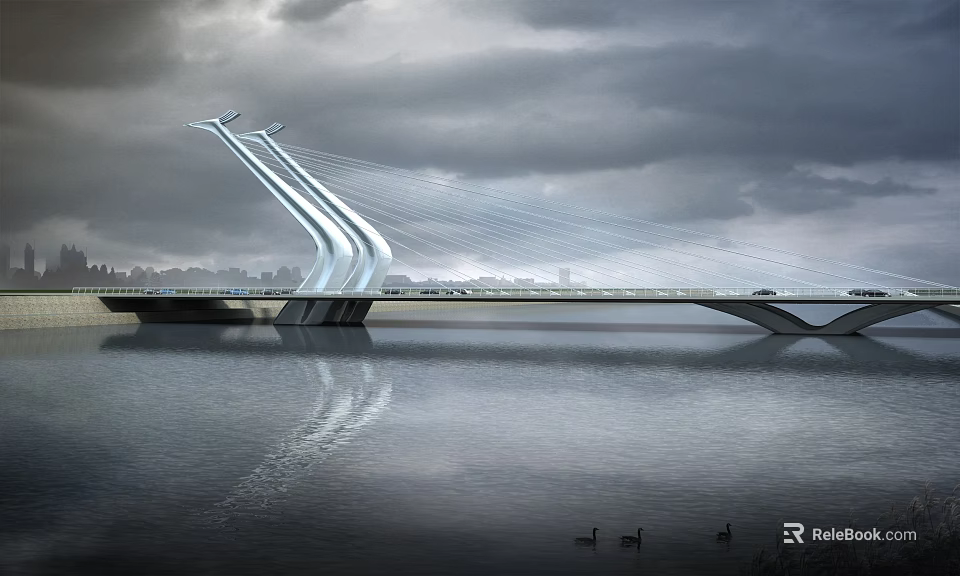 Modern Cable Stayed Bridge Over River With Water Reflection Urban Skyline And Cloudy Sky 3d model 