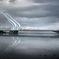 Modern Cable Stayed Bridge Over River With Water Reflection Urban Skyline And Cloudy Sky 3d model