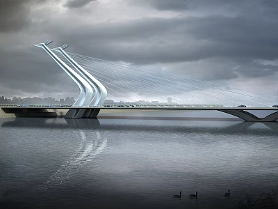 Modern Cable Stayed Bridge Over River With Water Reflection Urban Skyline And Cloudy Sky 3d model