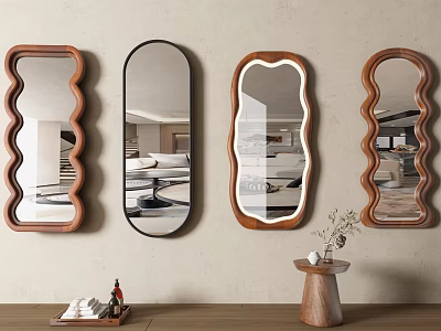 Various Shaped Decorative Mirrors With Wooden Frames Hanging On Beige Wall 3d model