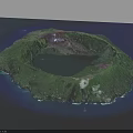 Volcanic Island Terrain With Central Crater Lake And Lush Green Vegetation Surrounded By Blue Ocean