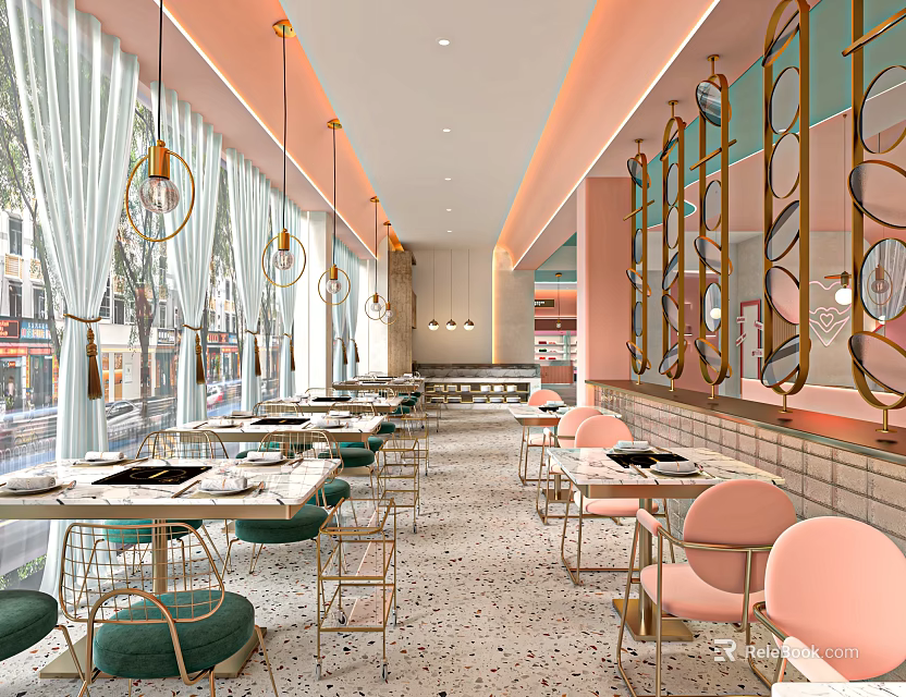 Modern Hotpot Restaurant Interior With Pink Chairs Green Cushions And Gold Pendant Lights 3d model 