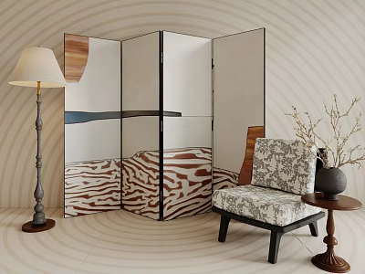 Multi Panel Mirrored Room Divider With Zebra Print Accent Chair And Floor Lamp 3d model