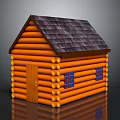 Traditional Rustic Log Cabin With Orange Log Structure Dark Roof Wooden Door And Blue Windows