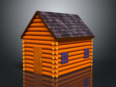 Traditional Rustic Log Cabin With Orange Log Structure Dark Roof Wooden Door And Blue Windows 3d model