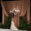 Elegant Photo Spot With Brown Curtains Lage Sign White Dress Green Plants And Red Berries