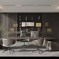 Modern Office Interior With Large Desk Chairs Glass Cabinet Trophies Certificates And Potted Plant