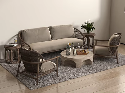 Outdoor Sofa Set with Wicker Design Wooden Frame Armchairs Coffee Table and Potted Plant 3d model