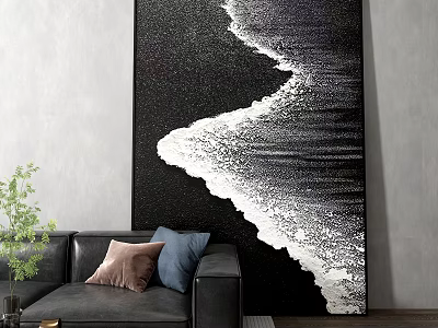 Large Black White Wave Pattern Painting With Sofa Throw Pillows Green Plant Gray Wall 3d model