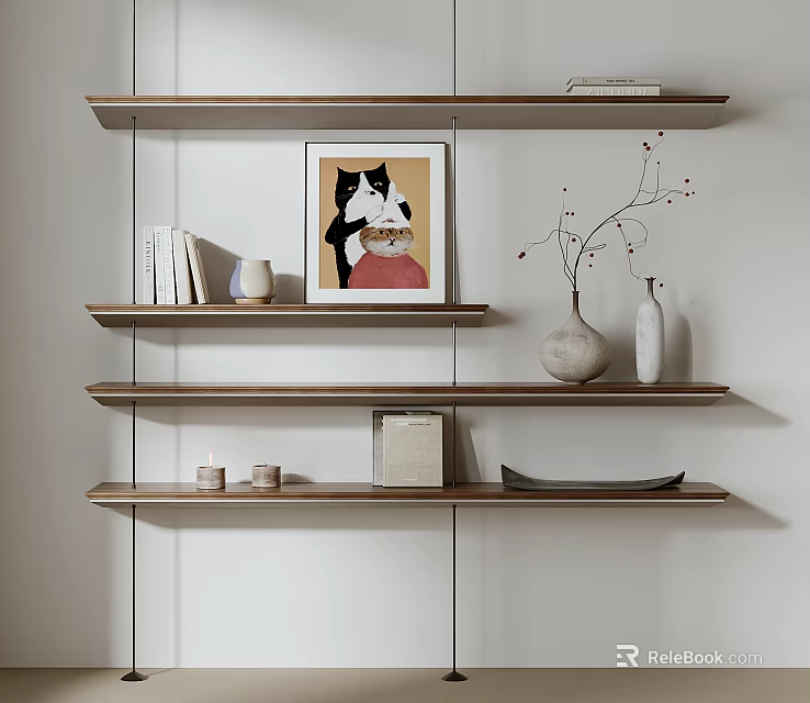 Decorative Ornament Combination on Wooden Wall Shelves with Books Cat Painting Vase Jars and Tray 3d model 