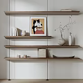 Decorative Ornament Combination on Wooden Wall Shelves with Books Cat Painting Vase Jars and Tray