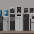Modern Kitchen Appliances Displayed With Blue Water Dispensers Coffee Makers And Cabinets