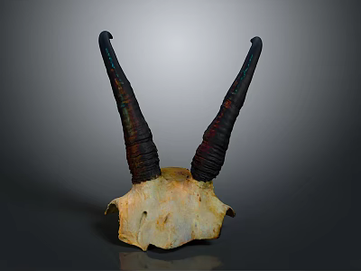 Unique Animal Skull With Long Curved Dark Horns On Gray Background 3d model