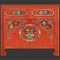 Red Decorative Cabinet With Colorful Hand Painted Patterns And Traditional Carved Details
